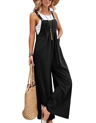 SotRong Latzhose Damen Weite Bein Schlag Jumpsuit mit Tasche Loose Fit Baggy Playsuits Sommer Boho Strampler Ärmellos Riemchen Overalls Casual Adjustable Bib Pants Schwarz S von SotRong