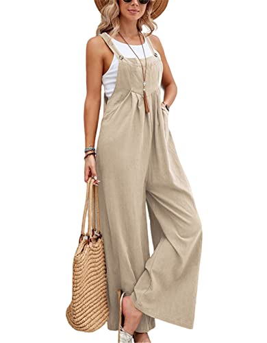 SotRong Latzhose Damen Weite Bein Schlag Jumpsuit mit Tasche Loose Fit Baggy Playsuits Sommer Boho Strampler Ärmellos Riemchen Overalls Casual Adjustable Bib Pants Khaki M von SotRong