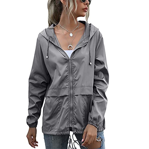 SotRong Leichte verstaubare wasserdichte Jacken Frauen Windjacke Outdoor Radfahren Rnning Reißverschluss Jacke mit Kapuze Schnell Trocken Regenmantel, dunkelgrau, 36 von SotRong