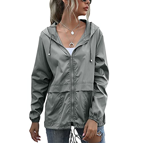 SotRong Leichte, verstaubare, wasserdichte Jacke für Damen, Windjacke, Outdoor, Radfahren, Rnnning, Reißverschluss, Jacke mit Kapuze, schnell trocknend, regenfest, hellgrau, 48 von SotRong