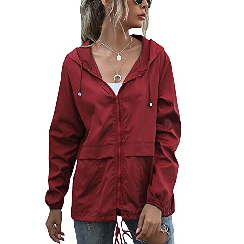 SotRong Leichte verstaubare wasserdichte Jacken Frauen Windjacke Outdoor Radfahren Rnning Reißverschluss Jacke mit Kapuze Schnell Trocken Regenmantel, weinrot, 38 von SotRong