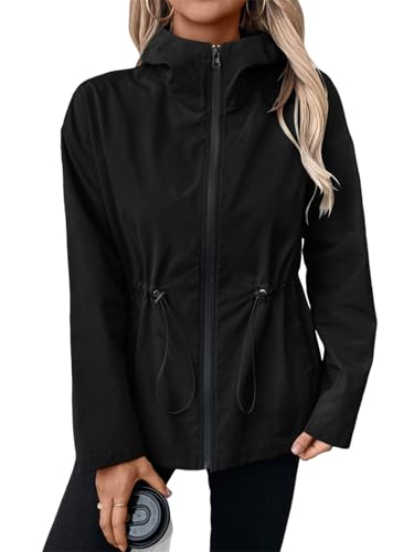SotRong Leichte, wasserdichte Damen-Jacke mit verstellbarer Taille, mit Kapuze, Reißverschluss, atmungsaktiv, Windbreaker für Outdoor-Aktivitäten, S-2XL, Schwarz , S von SotRong