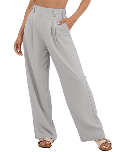 SotRong Leichte Sommerhose Damen Leinenhose Lang Stoffhose Elegant Palazzo Hose Sommer Relaxhose Mit Gummizug High Waist Hose Gerades Bein Baumwollhose Loose Fit Travel Hose mit Taschen Grau M von SotRong
