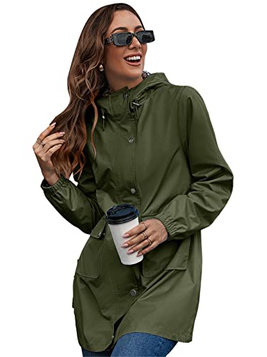 SotRong Leichte wasserdichte Jacken Damen verstaubare Regenjacke Kapuze Regenmantel Damen Frühling Sommer Anoraks Jacken Outdoor Cagoule Trenchcoat, armee-grün, 46 von SotRong