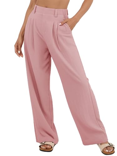 SotRong Leinenhose Damen Hosen Sommer Leichte Palazzo Hose Hohe Taille Einfarbig Freizeithose Lockere Schlupfhosen Bequem Baumwollhose Mit Taschen Rosa M von SotRong
