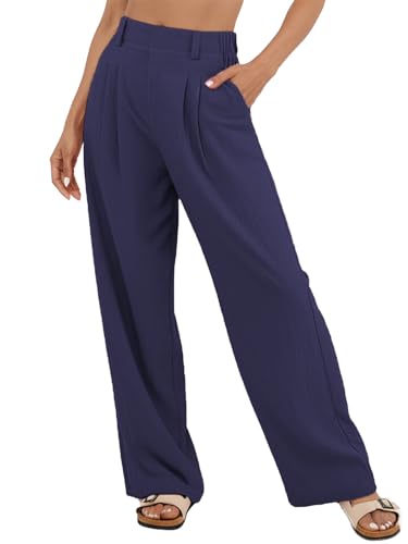 SotRong Leinenhose Damen Sommer Hose Weites Bein Baumwolle Leinen Sommerhose Elastisch Hohe Taille Freizeithose Strandhose Lang Leichte Loose Boho Hosen mit Taschen Bequeme Stoffhose Marineblau L von SotRong
