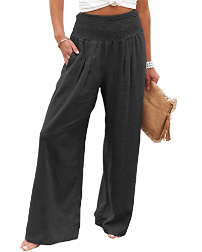 SotRong Leinenhose Damen Weites Bein Sommerhose Gesmokte Taille Palazzo Hose Lose Ausgestellte Schlupfhose Boho Strandhose, Schwarz , XXX-Large von SotRong