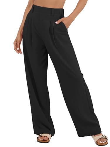 SotRong Leinenhose Schwarz Damen Leichte Sommerhose Weites Bein Freizeithose Elegant High Waist Business Hose Lockere Gummizug Schlupfhose XL von SotRong