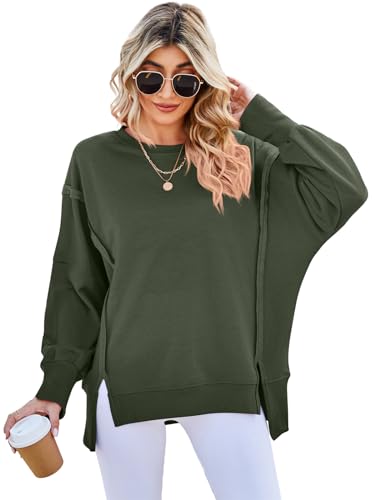 SotRong Oversized Sweatshirt Frauen Langarm Rundhals Y2K Tops Baggy Loose Fit Pullover Jumper mit Seitenschlitz, armee-grün, 42 von SotRong