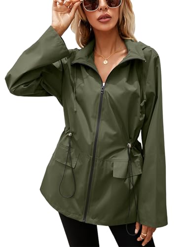 SotRong Pack Away Wasserdichte Jacken Frauen Leichte Regenmantel Mit Kapuze Packbare Regenjacke Casual Zip Up Outdoor Trenchcoat Damen Mode Oberbekleidung Schnee Regenbekleidung, armee-grün, 36 von SotRong