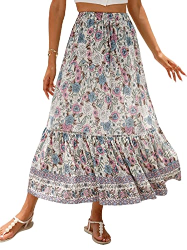 SotRong Sommer Boho Midi Rock Vintage Blumendruck Gypsy Röcke Hohe Taille Lange Sommerkleider für Strand Urlaub, A-Beige, 40 von SotRong