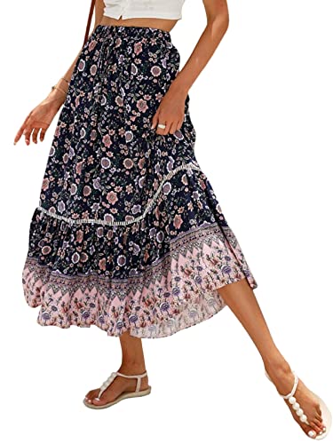 SotRong Sommer Boho Midi Rock Vintage Blumendruck Gypsy Röcke Hohe Taille Lange Sommerkleider für Strand Urlaub, A-Blau, 44 von SotRong