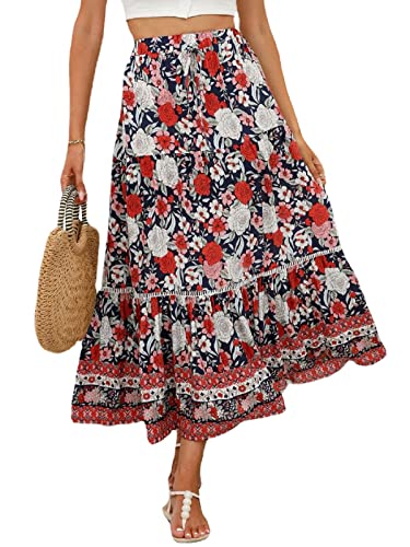 SotRong Sommer Boho Midi Rock Vintage Blumendruck Röcke Hohe Taille Lange Sommerkleider für Strand Urlaub, rot (a), 44 von SotRong