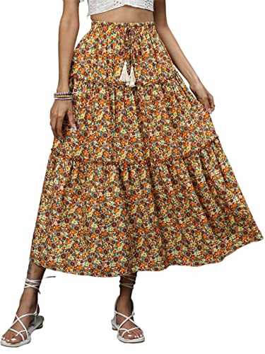 SotRong Sommer Boho Midi Rock Vintage Blumendruck Röcke Hohe Taille Lange Sommerkleider für Strand Urlaub, C-Gelb, 40 von SotRong