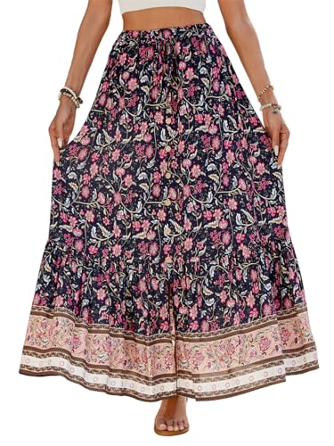 SotRong Sommer-Boho-Midirock, Vintage-Stil, Blumendruck, röcke, hohe Taille, lange Sommerkleider für Strandurlaub, Marineblau, L SotRong Sommer-Boho-Midirock, Vintage-Stil, Blumendruck, röcke, hohe Taille, lange Sommerkleider für Strandurlaub, Marineblau, L von SotRong