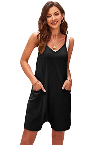 SotRong Sommer Jumpsuit Damen Kurz Hot Shot Onesie Locker Overall Ärmelloser V-Ausschnitt Jersey Playsuit Oversize Baggy Latzhosen mit Taschen Strand Boho Romper für Urlaub Reisen Schwarz S von SotRong