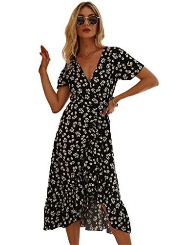 SotRong Sommer-Wickelkleider mit V-Ausschnitt, für Damen, Blumendruck, Boho-Sommerkleid, kurze Ärmel, Rüschensaum, A-Linie, Bohemian-Stil, Chiffon, Maxikleider, Schwarz , Medium von SotRong