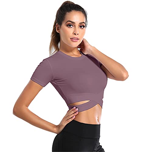 SotRong T-Shirt Damen Crop Top Langarm Sportshirt Sexy Sport Oberteil Bauchfrei Sommer Laufshirt Funktionsshirt Atmungsaktiv Leicht Yoga Fitness Shirts Schnelle Trockene Sporttop Violett L von SotRong