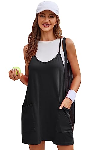 SotRong Träger-Sommerkleider für Damen, UK-Hot-Shot-Minikleid, ärmellos, V-Ausschnitt, Baumwolle, Golf, athletisches Training, Workout, Tenniskleid mit separater Cami und Shorts, Schwarz , X-Large von SotRong