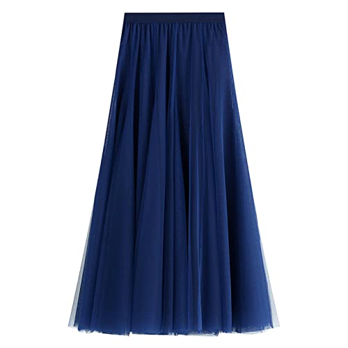 SotRong Tüllrock Lang Damen Elegant Elastisch Hohe Taille Mesh Plissee Maxirock Ballett Hochzeit Party Abschlussball Sommerrock Blau von SotRong