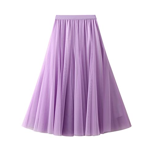 SotRong Tüllrock Lang Damen Elegant Elastisch Hohe Taille Mesh Plissee Maxirock Ballett Hochzeit Party Abschlussball Sommerrock Hellviolett von SotRong