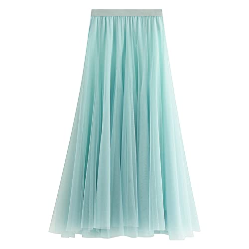 SotRong Tüllrock Lang Damen Elegant Elastisch Hohe Taille Mesh Plissee Maxirock Ballett Hochzeit Party Abschlussball Sommerrock Lichtgrün von SotRong