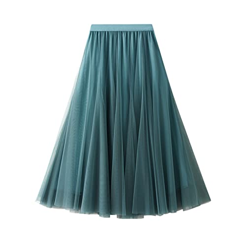 SotRong Tüllrock Lang Damen Elegant Elastisch Hohe Taille Mesh Plissee Maxirock Ballett Hochzeit Party Abschlussball Sommerrock Mittelgrün von SotRong