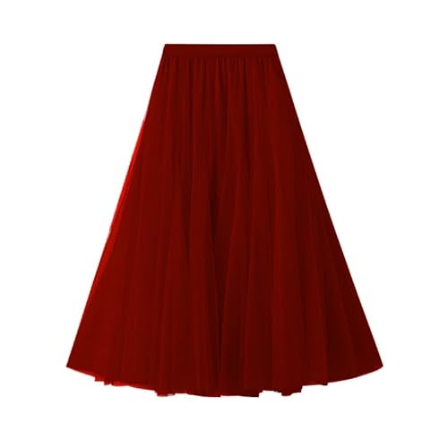 SotRong Tüllrock Lang Damen Elegant Elastisch Hohe Taille Mesh Plissee Maxirock Ballett Hochzeit Party Abschlussball Sommerrock Weinrot von SotRong