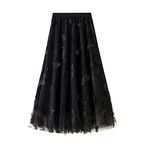 SotRong Tüllrock Schwarz Damen Midi Überlagerter Mehrlagiger Elastischer Hoch Taillierter A Linien Tutu Rock Mesh-Chiffon-Faltenrock mit Blumendekoration von SotRong
