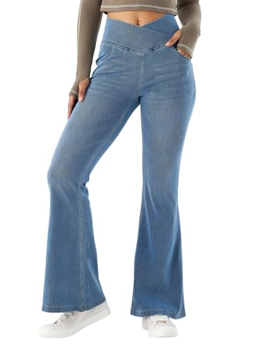 SotRong V Crossover Bootcut Schlaghose Jeanshose Damen Hohe Taille Bauchkontrolle Pull On Stretch Skinny Jeans mit 4 Taschen Hellblau S von SotRong