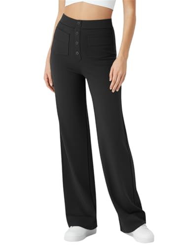 SotRong Weite Hose Damen Hohe Taille Stretchhose Knopf Business Casual Gerade Hosen mit Taschen Bequemer Sitz und Moderner Stil Elastische Freizeithose Tiefschwarz 2XL SotRong Weite Hose Damen Hohe Taille Stretchhose Knopf Business Casual Gerade Hosen mit Taschen Bequemer Sitz und Moderner Stil Elastische Freizeithose Tiefschwarz 2XL von SotRong
