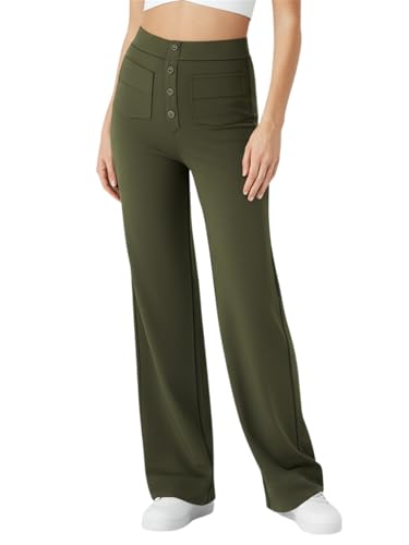 SotRong Yogahose mit Weitem Bein für Damen Ausgestellte Leggings Stretch Palazzo Hose Elastisch Hohe Taille Knopf Mehrere Taschen Zum Hineinschlüpfen Gerades Bein Jogger Freizeit Hose Olive Drab M von SotRong