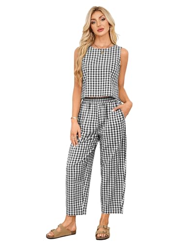 SotRong Zweiteiliges Sommer-Outfit für Damen, lockere Boxy-Passform, kariertes Karomuster, Freizeitkleidung, ärmellos, Rundhalsausschnitt, Tank-Tops, hohe elastische Taille, kurze Hose, schick, Y2K von SotRong