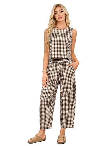 SotRong Zweiteiliges Sommer-Outfit für Damen, lockere Boxy-Passform, kariertes Karomuster, Freizeitkleidung, ärmellos, Rundhalsausschnitt, Tank-Tops, hohe elastische Taille, kurze Hose, schick, Y2K SotRong Zweiteiliges Sommer-Outfit für Damen, lockere Boxy-Passform, kariertes Karomuster, Freizeitkleidung, ärmellos, Rundhalsausschnitt, Tank-Tops, hohe elastische Taille, kurze Hose, schick, Y2K von SotRong