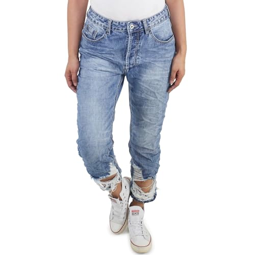 Damen Baggy Mom Fit Hose Straight Jeans Boyfriend High Waist Hochbund Loose Zerfetzt Destroyed Blau von Sotala