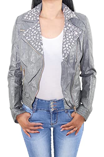 Damen Biker Jacke Lederjacke Kunstleder Motorrad Jacket Leder-Optik 36 (S) Grau von Sotala