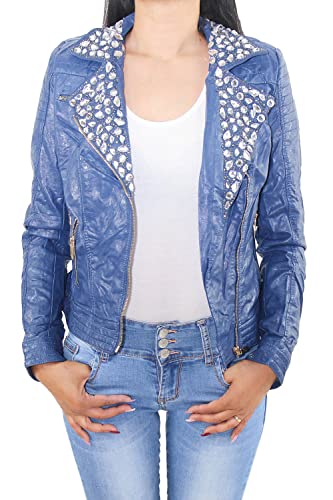 Damen Biker Jacke Lederjacke Kunstleder Motorrad Jacket Leder-Optik 40 (L) Blau von Sotala