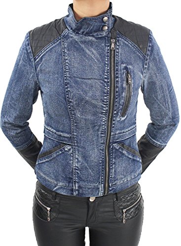 Damen Blazer Jacke Jeans Leder Optick Kunstlederjacke Übergangs Jacket Bikerjacke Jeansjacke Blau Grau Schwarz Blau L/40 von Sotala