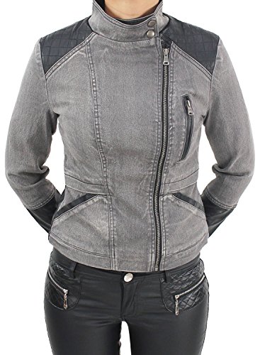 Damen Blazer Jacke Jeans Leder Optick Kunstlederjacke Übergangs Jacket Bikerjacke Jeansjacke Blau Grau Schwarz Grau L/40 von Sotala