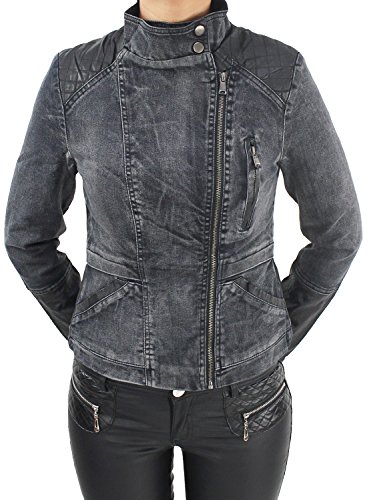 Damen Blazer Jacke Jeans Leder Optick Kunstlederjacke Übergangs Jacket Bikerjacke Jeansjacke Blau Grau Schwarz Schwarz S/36 von Sotala