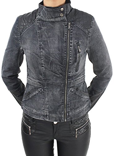 Damen Blazer Jacke Jeans Leder Optick Kunstlederjacke Übergangs Jacket Bikerjacke Jeansjacke Blau Grau Schwarz Schwarz XL/42 von Sotala