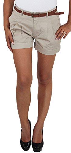 Damen Business Hot Pants Kurze Hose Shorts Panty Classic Stoffhose mit Gürtel Beige L/40 von Sotala