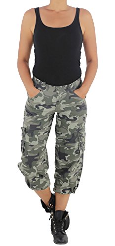 Damen Camouflage Cargo Shorts Capri Hot Pants Bermuda Kurze Army Armee 3/4 Hose # Khaki XS/34 von Sotala