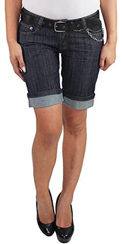 Damen Capri Shorts Sommerhose Bermuda 3/4 Jeans Kurze Hose Stretch Hüftjeans mit Gürtel und Kette von Sotala