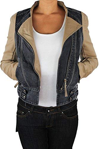 Damen Lederjacke Kunstlederjacke Damenjacke Jacket Bikerjacke Jeansjacke Beige Schwarz Schwarz-Beige S von Sotala