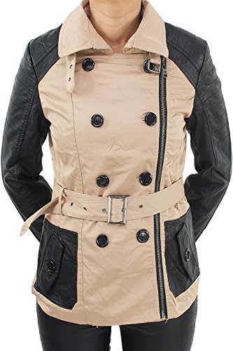 Damen Mantel Trenchcoat Jacke Kunstleder Doppelreiher Bikerjacke Jacket Blau Beige Schwarz Beige L/40 von Sotala