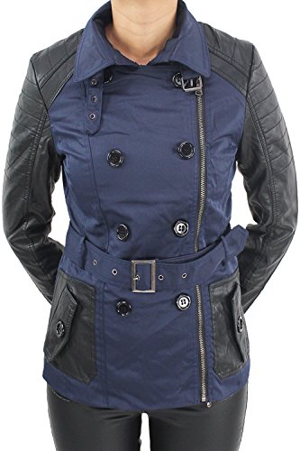 Damen Mantel Trenchcoat Jacke Kunstleder Doppelreiher Bikerjacke Jacket Blau Beige Schwarz Blau S/36 von Sotala