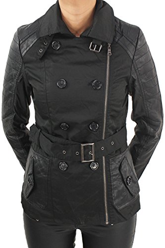 Damen Mantel Trenchcoat Jacke Kunstleder Doppelreiher Bikerjacke Jacket Blau Beige Schwarz Schwarz L/40 von Sotala