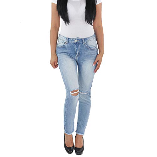 MOZZAAR Damen High Waist Röhrenjeans Hochbund Stretch Skinny Slim Fit Jeans Hose Mit Rissen zerrissen Mit Löchern Ripped Destroyed Distressed Blau von Sotala