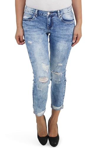 Sotala Damen 7/8 Jeans Hose Röhrenjeans Slim Stretchjeans Sommerhose Hüftjeans Aged-Used-Look Blau Mit Rissen von Sotala